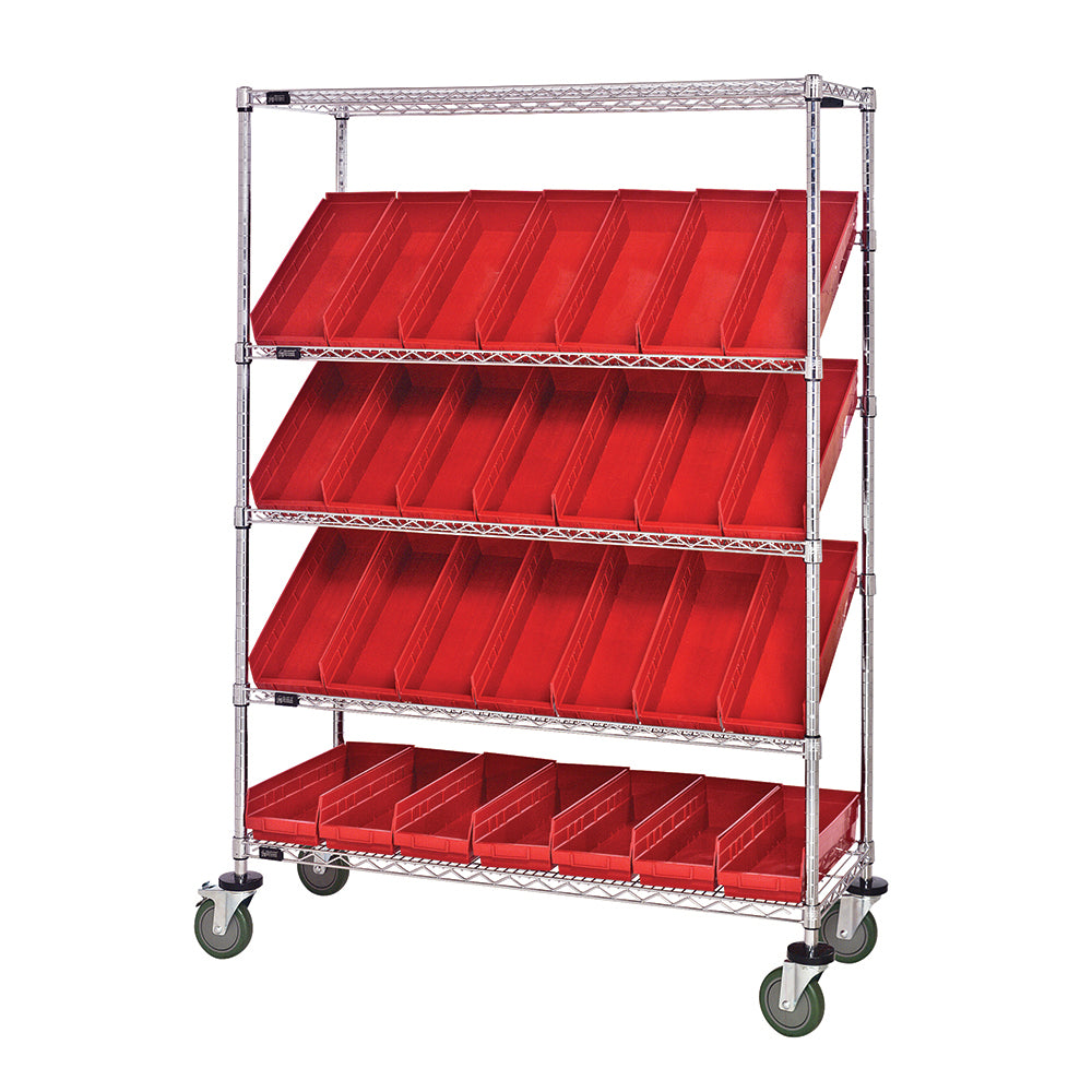 18"d x 48"w x 69"h 5-Tier Open Slanted Wire Shelving Carts with 17-7/8"d x 6-5/8"w x 4"h Bins