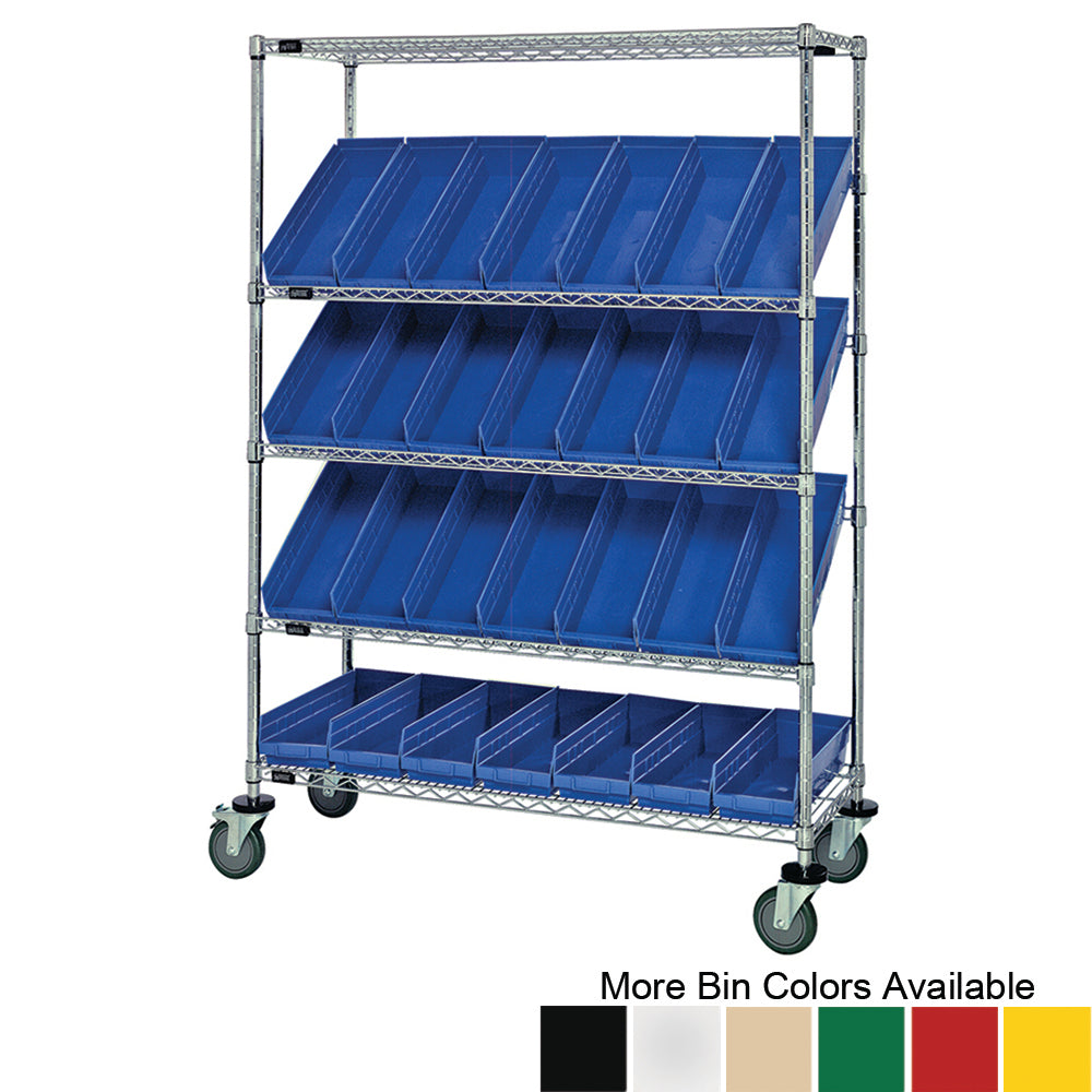 18"d x 48"w x 69"h 5-Tier Open Slanted Wire Shelving Carts with 17-7/8"d x 6-5/8"w x 4"h Bins
