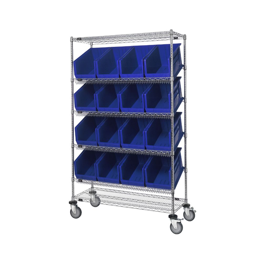 24"d x 48"w x 80"h 6-Tier Slanted Wire Shelving Carts with 23-7/8"d x 11"w x 10"h Bins