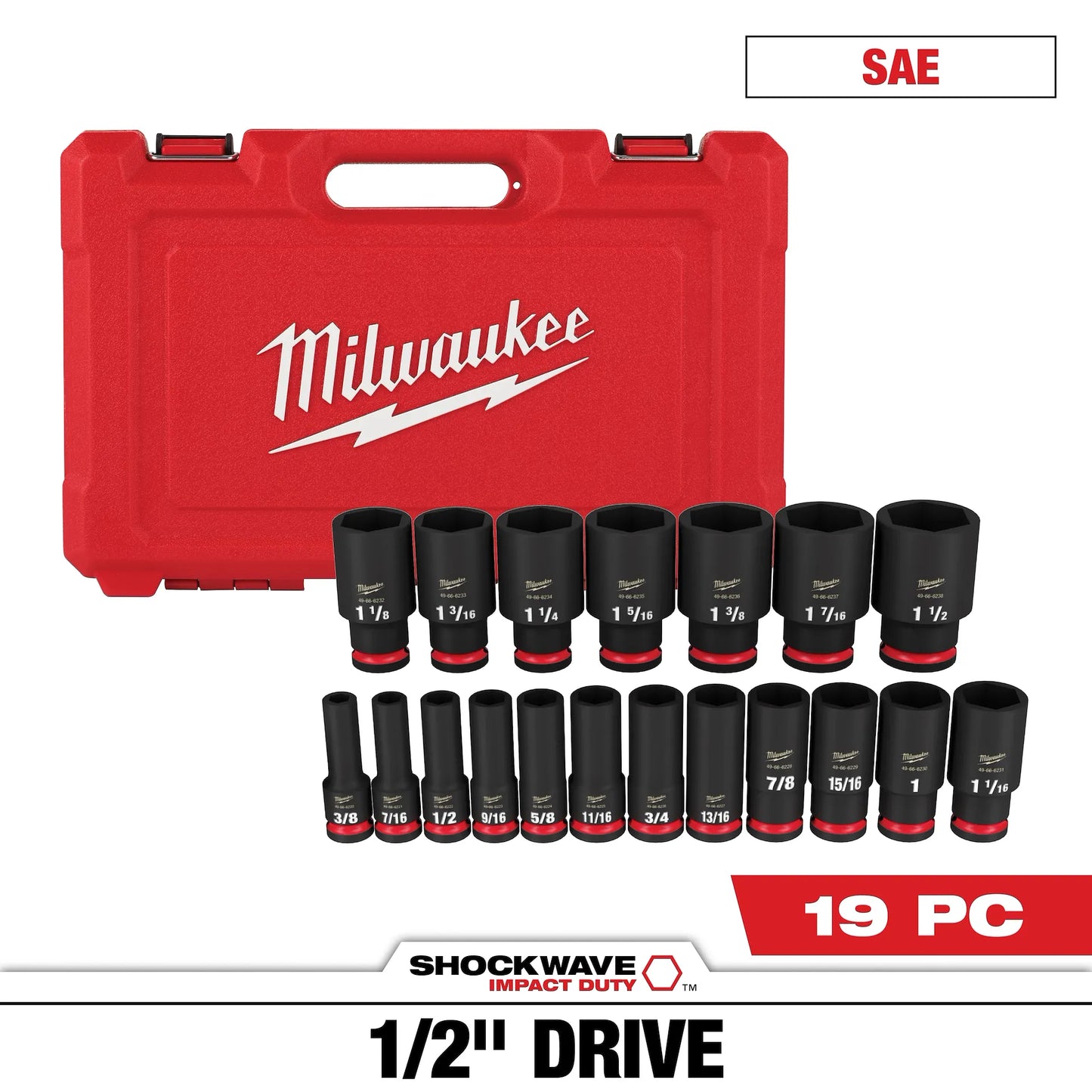 Milwaukee 19PC SHOCKWAVE™ Impact Duty 1/2" Drive SAE Deep 6 Point Socket Set (49-66-7012)