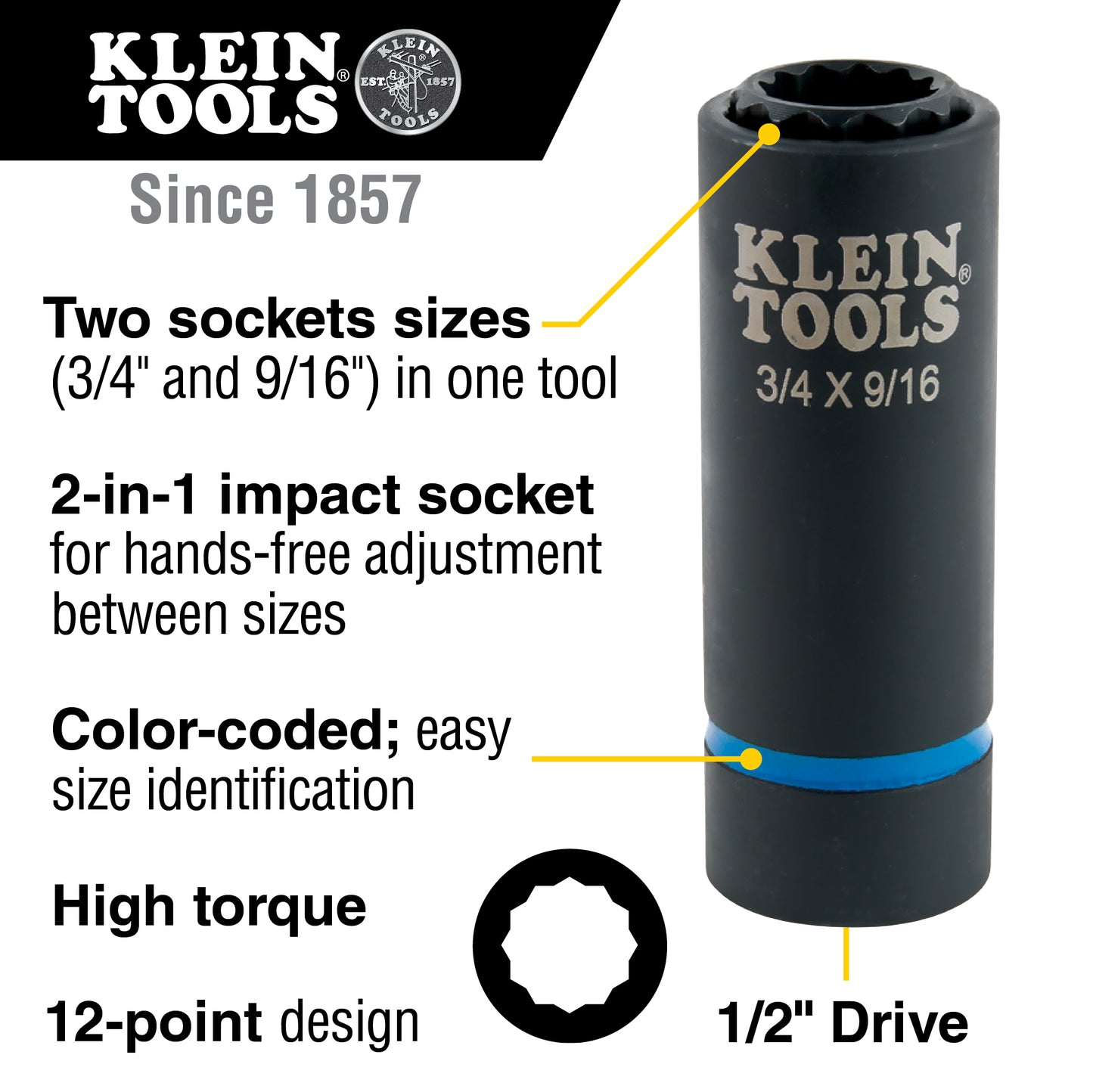 Klein 2-in-1 Impact Socket, 12-Point, 3/4 and 9/16-Inch (66001)