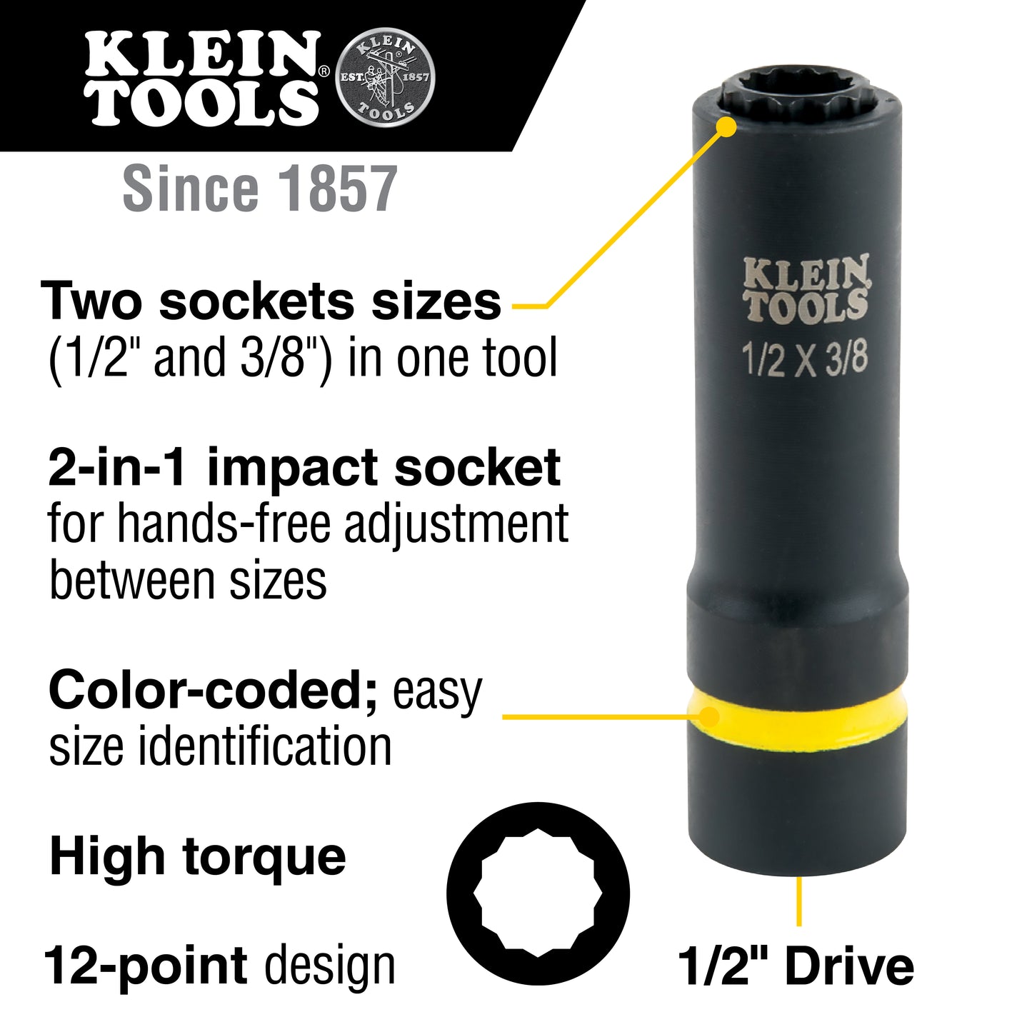Klein 2-in-1 Impact Socket, 12-Point, 1/2 and 3/8-Inch (66011)