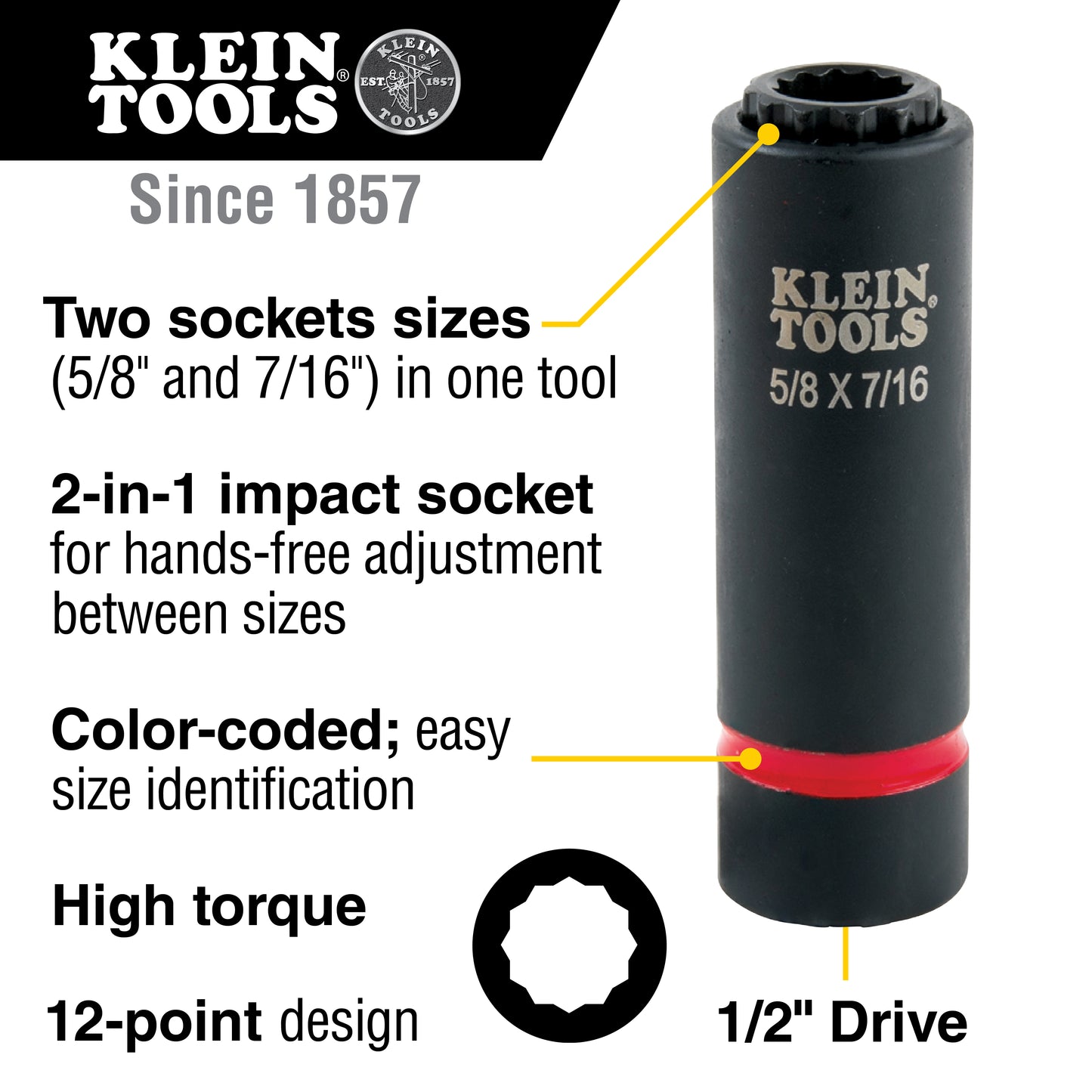 Klein 2-in-1 Impact Socket, 12-Point, 5/8 and 7/16-Inch (66012)