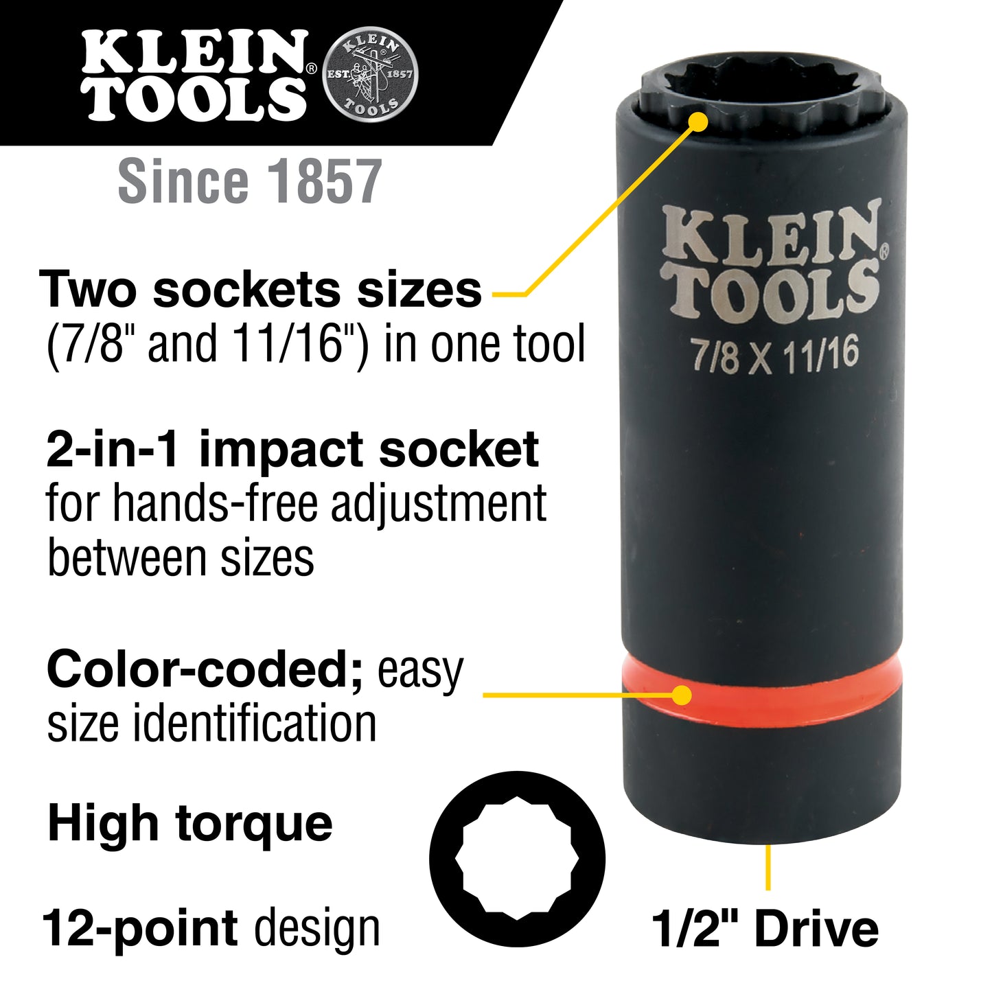 Klein 2-in-1 Impact Socket, 12-Point, 7/8 and 11/16-Inch (66014)