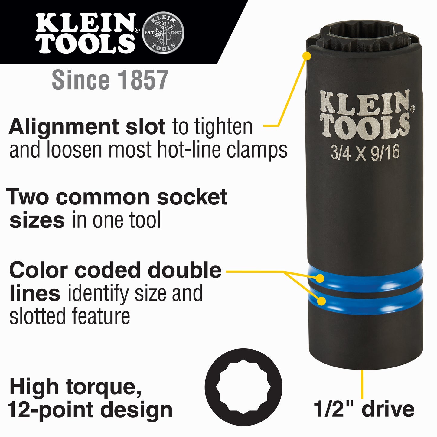 Klein 3-in-1 Slotted Impact Socket, 12-Point, 3/4 and 9/16-Inch (66031)