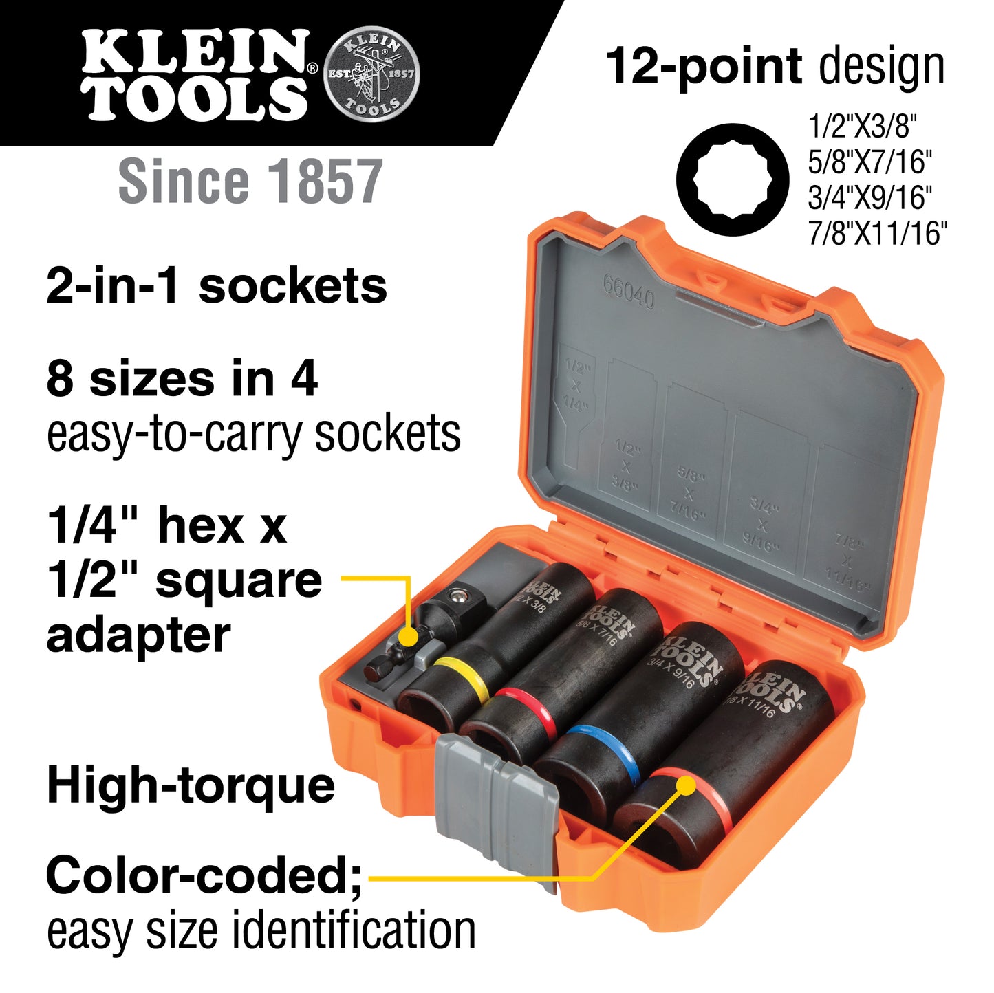 Klein 2-in-1 Impact Socket Set, 12-Point, 5-Piece (66040)