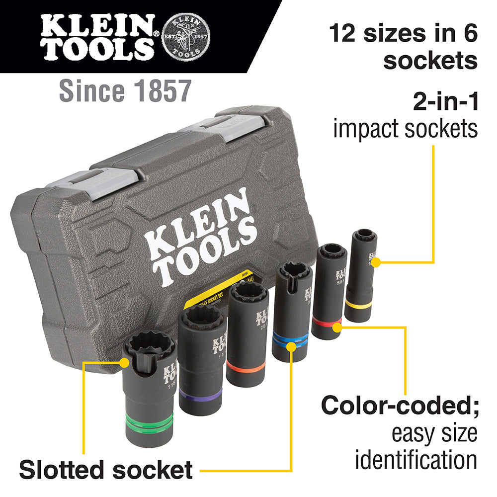Klein 2-In-1 Slotted Impact Socket Set, 12-Point, 6-Piece (66090)