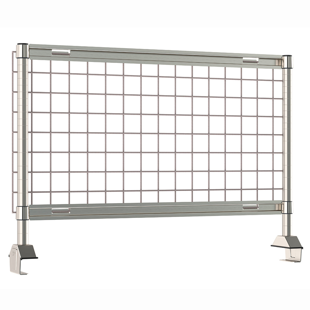 Metro TableWorx riser system with gray epoxy-coated steel wire grid and stainless steel grid hanging rails and vertical mounting posts.