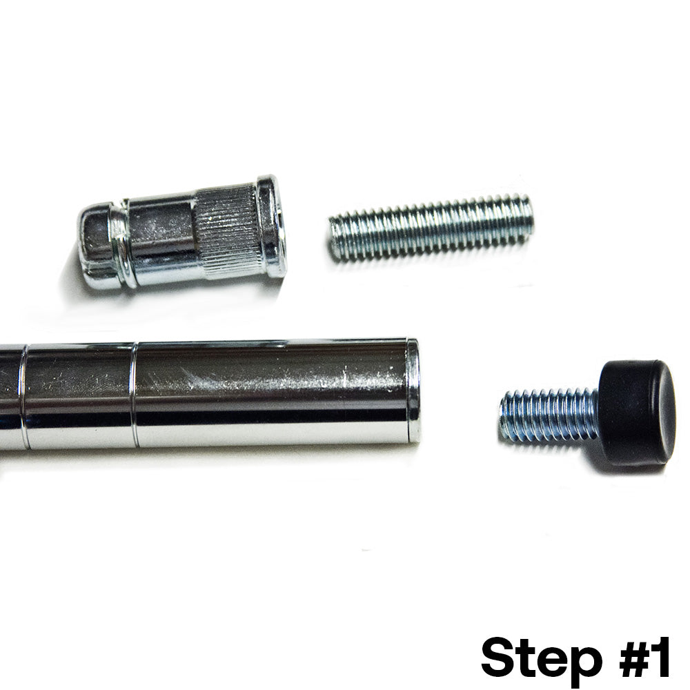 Step 1 of installing a post extension kit for 1-inch diameter wire shelving posts, showing chrome splicer, threaded bolt, shelving post, and removed leveling foot.