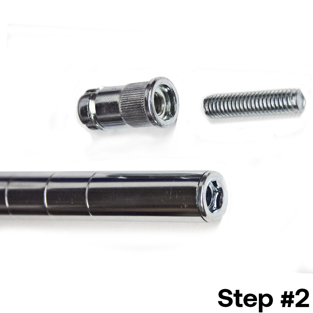 Step 2 of installing a post extension kit for 1-inch diameter wire shelving posts, showing the chrome splicer, threaded bolt, and shelving post for assembly.