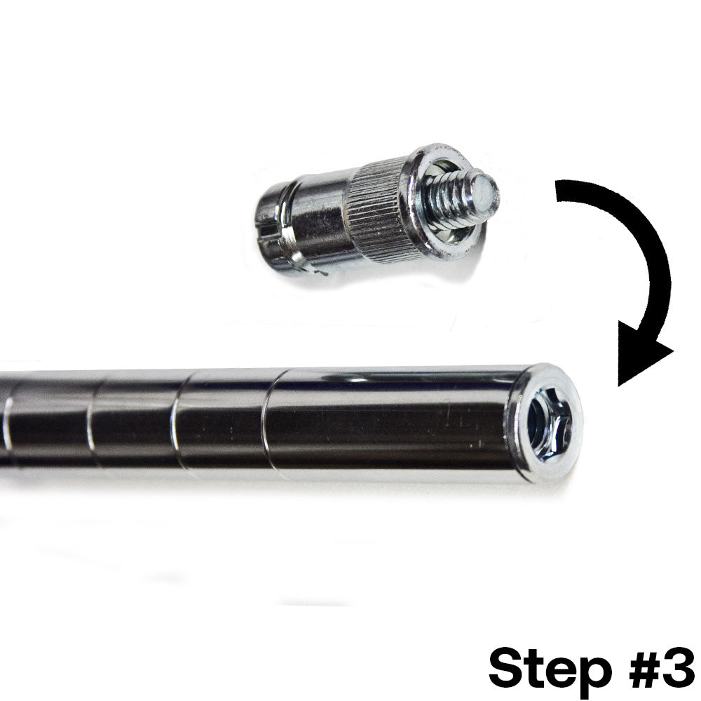 Step 3 of installing a post extension kit for 1-inch diameter wire shelving posts, showing the chrome splicer and threaded bolt being attached to the shelving post.