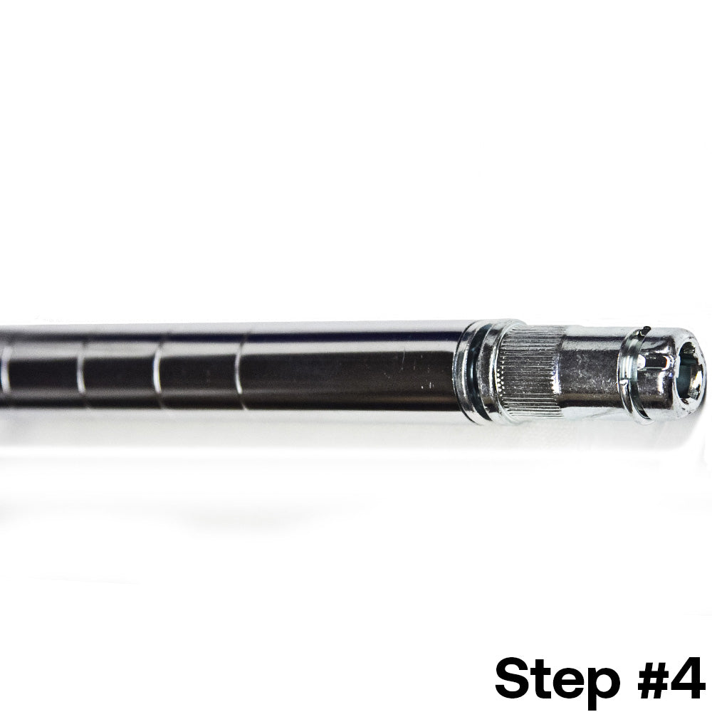 Step 4 of installing a post extension kit for 1-inch diameter wire shelving posts, with the kit securely inserted to extend the shelving post.