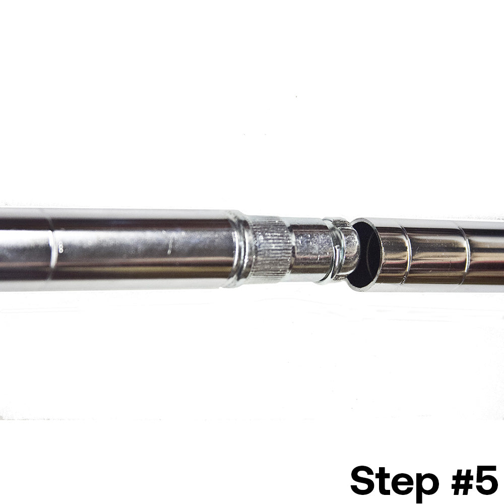Step 5 of installing a post extension kit for 1-inch diameter wire shelving posts, demonstrating two chrome shelving posts being joined together with the kit.