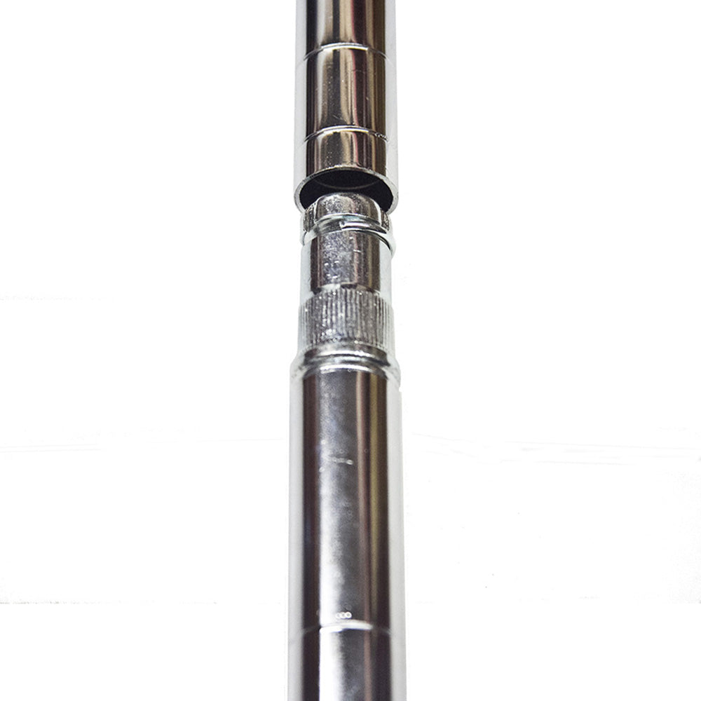 Chrome post extension kit, designed to connect two 1-inch diameter wire shelving posts for added height and storage capacity.