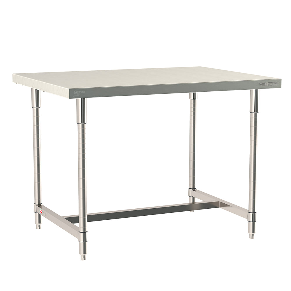 Metro TableWorx stationary work table with 304 stainless steel top, I-frame, and legs.