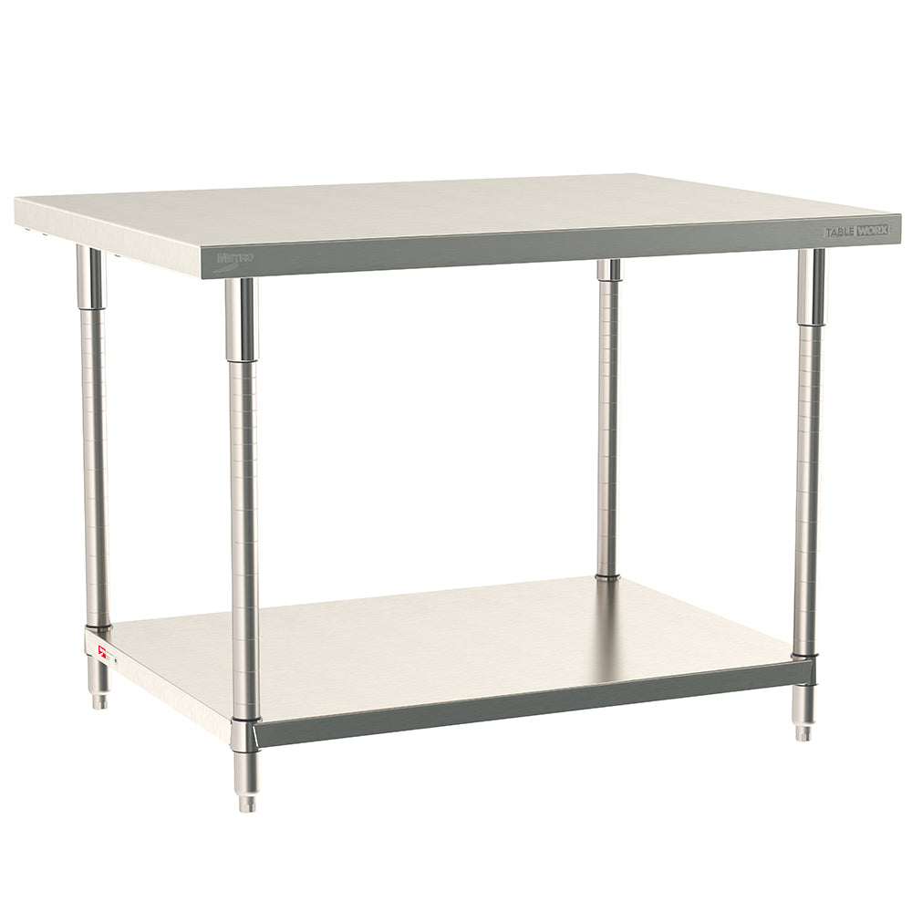 Metro TableWorx stationary work table with a 316 stainless steel top and 304 stainless steel solid undershelf and legs.
