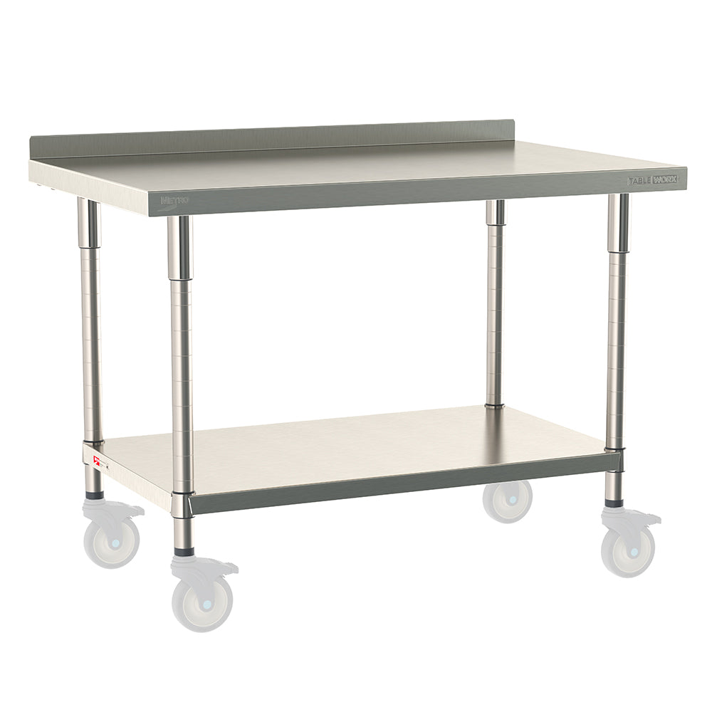 Metro TableWorx mobile-ready work table with 304 stainless steel top, 2-inch backsplash, solid undershelf, and legs compatible with Metro 1-inch stem casters.