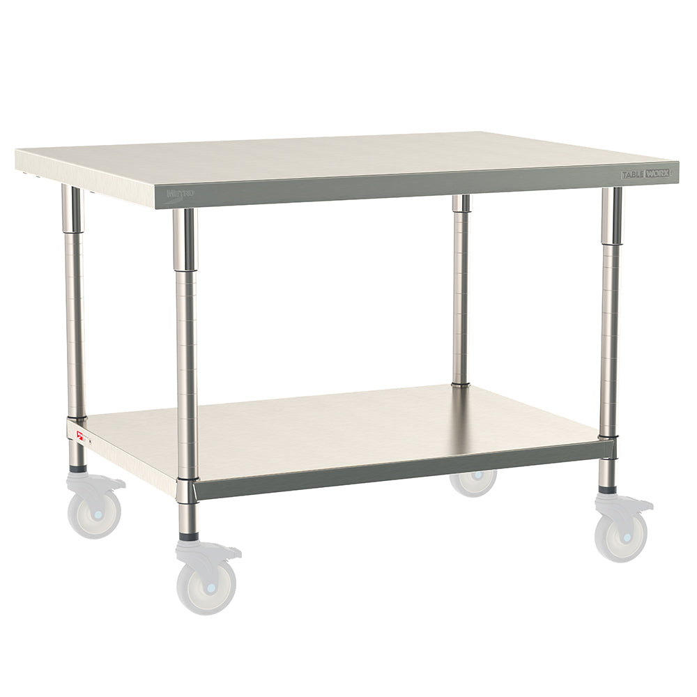 Metro TableWorx mobile-ready work table with 304 stainless steel top, solid undershelf, and legs compatible with Metro 1-inch stem casters.