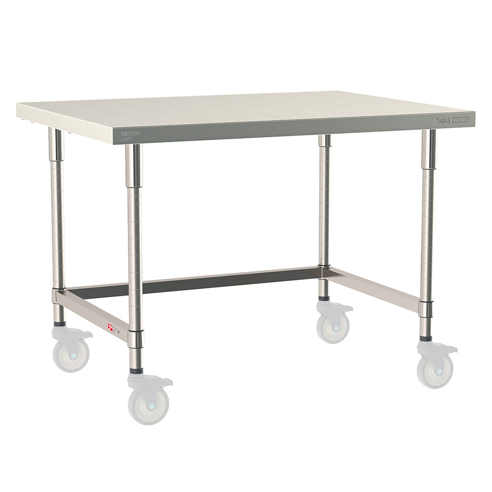 Metro TableWorx mobile-ready work table with 316 stainless steel top and 304 stainless steel 3-sided frame and legs, compatible with Metro 1-inch stem casters for mobility.