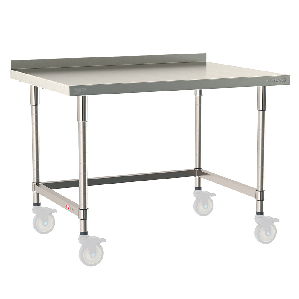 Metro TableWorx mobile-ready work table featuring a 316 stainless steel top with 2-inch backsplash, 304 stainless steel 3-sided frame and legs, and compatibility with Metro 1-inch stem casters for mobile use.
