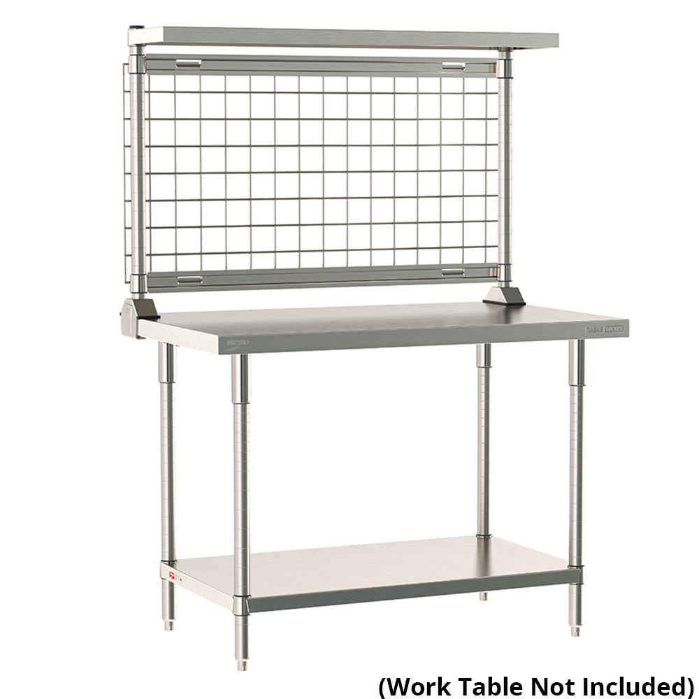 Metro TableWorx rear-mount stainless steel riser system featuring a cantilevered solid shelf and wire grid on work table; table not included.
