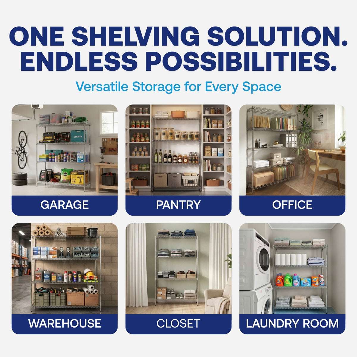 10"d x 36"w Chrome Wire Shelving w/ 5 Shelves