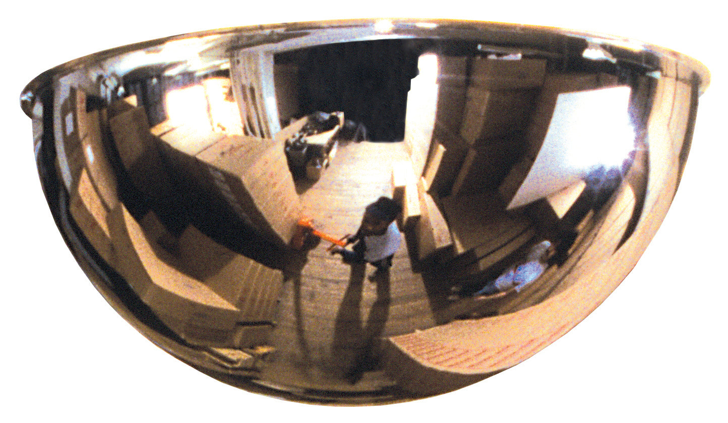 Reflective dome mirror showing a warehouse space