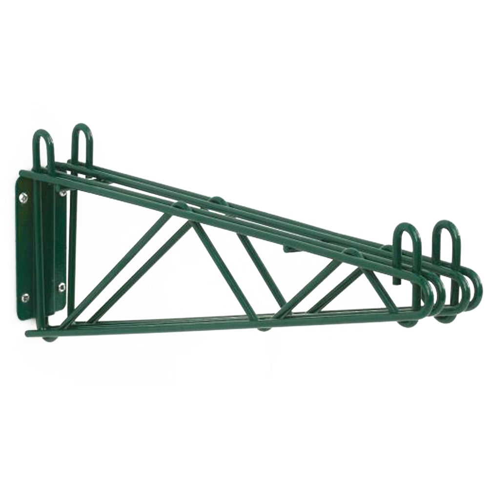 Green epoxy-coated double wall mount bracket for wire shelving, rust-resistant antimicrobial Metroseal style arched shelf support, NSF-certified cold-storage shelving hardware with mounting bolts - Stocked in Michigan