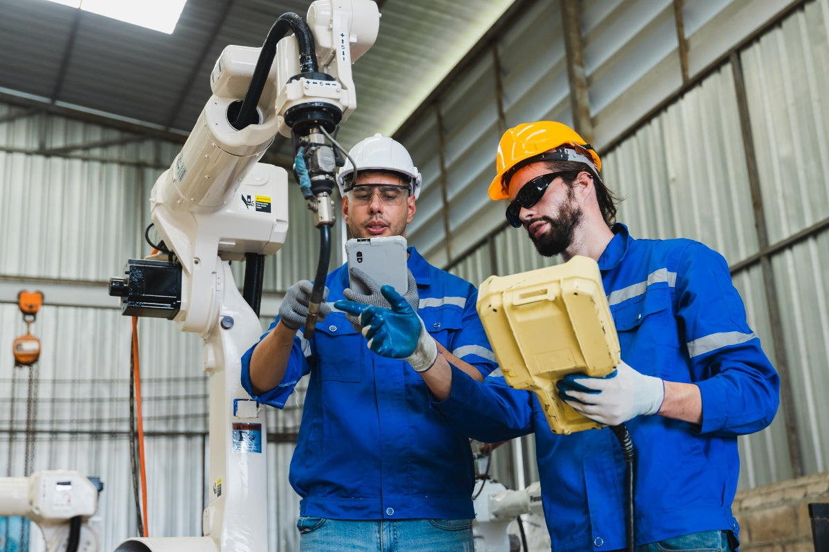 Warehouse workers looking at tablets next to ai machinery