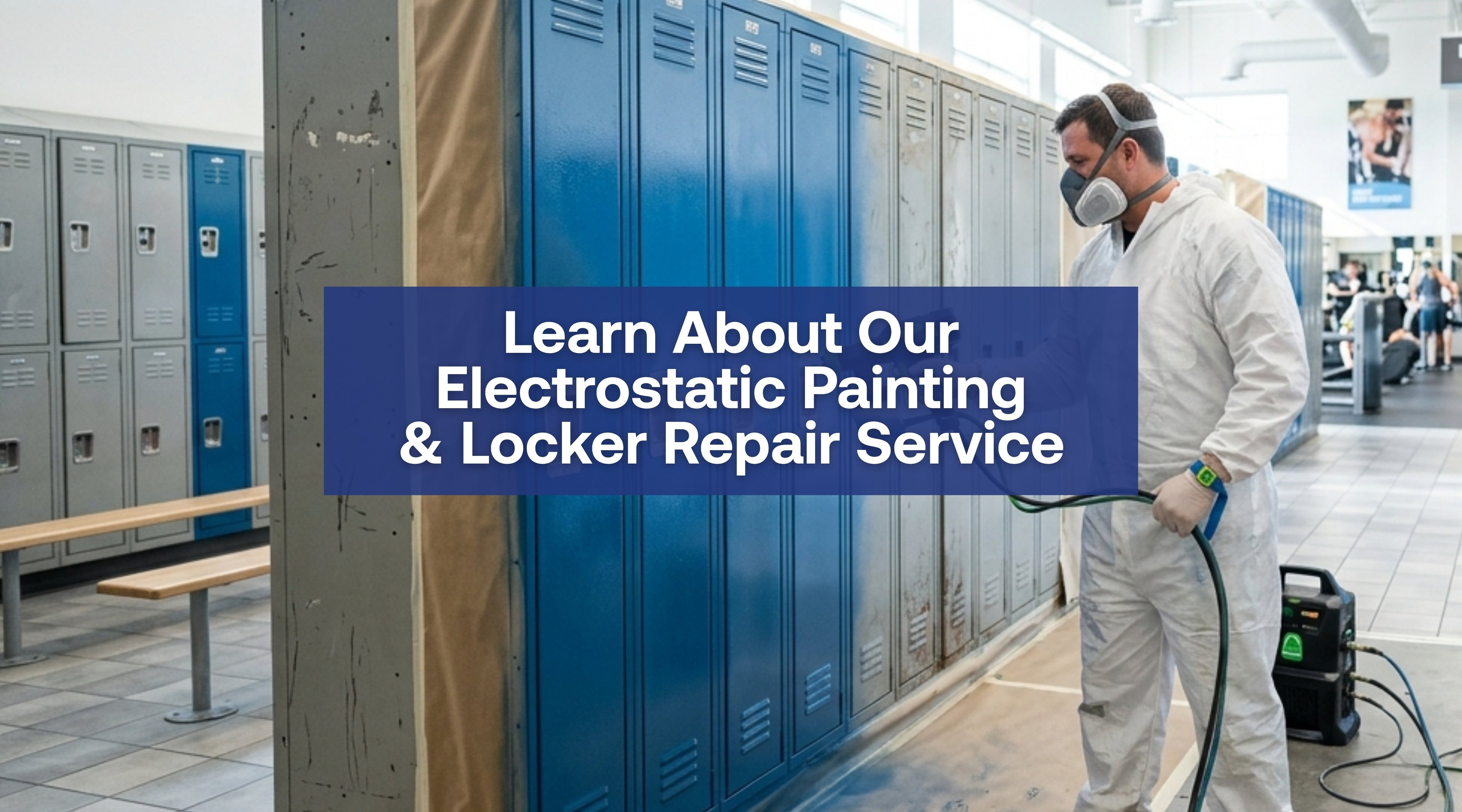 Man painting gym lockers with blue electrostatic paint