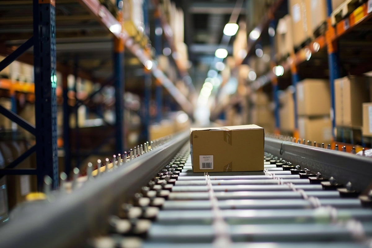 One box on a conveyer belt in a warehouse