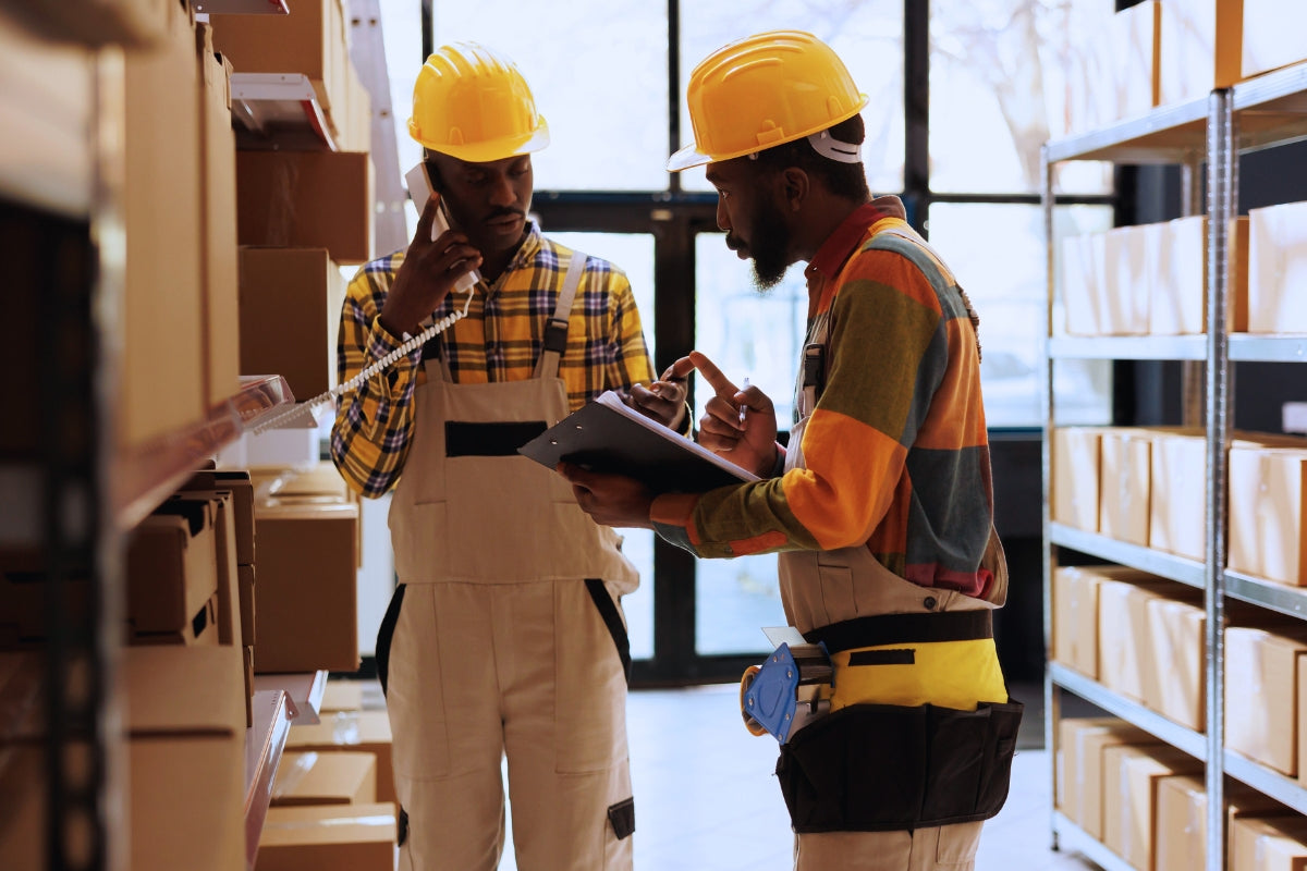 Two workers checking inventory in warehouse