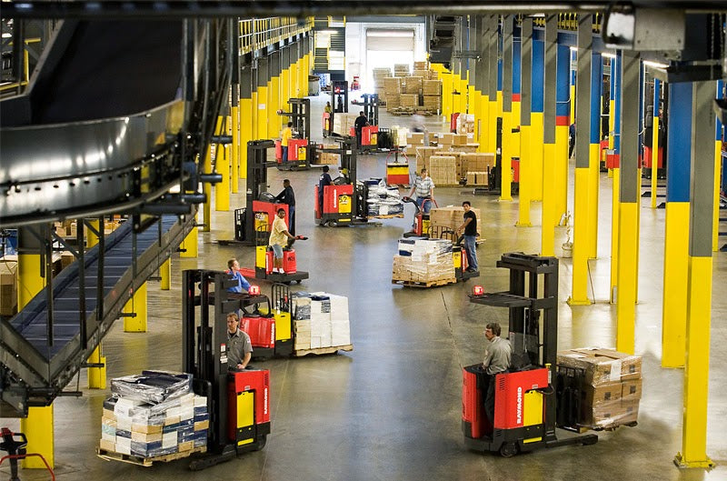 warehouse with forklifts