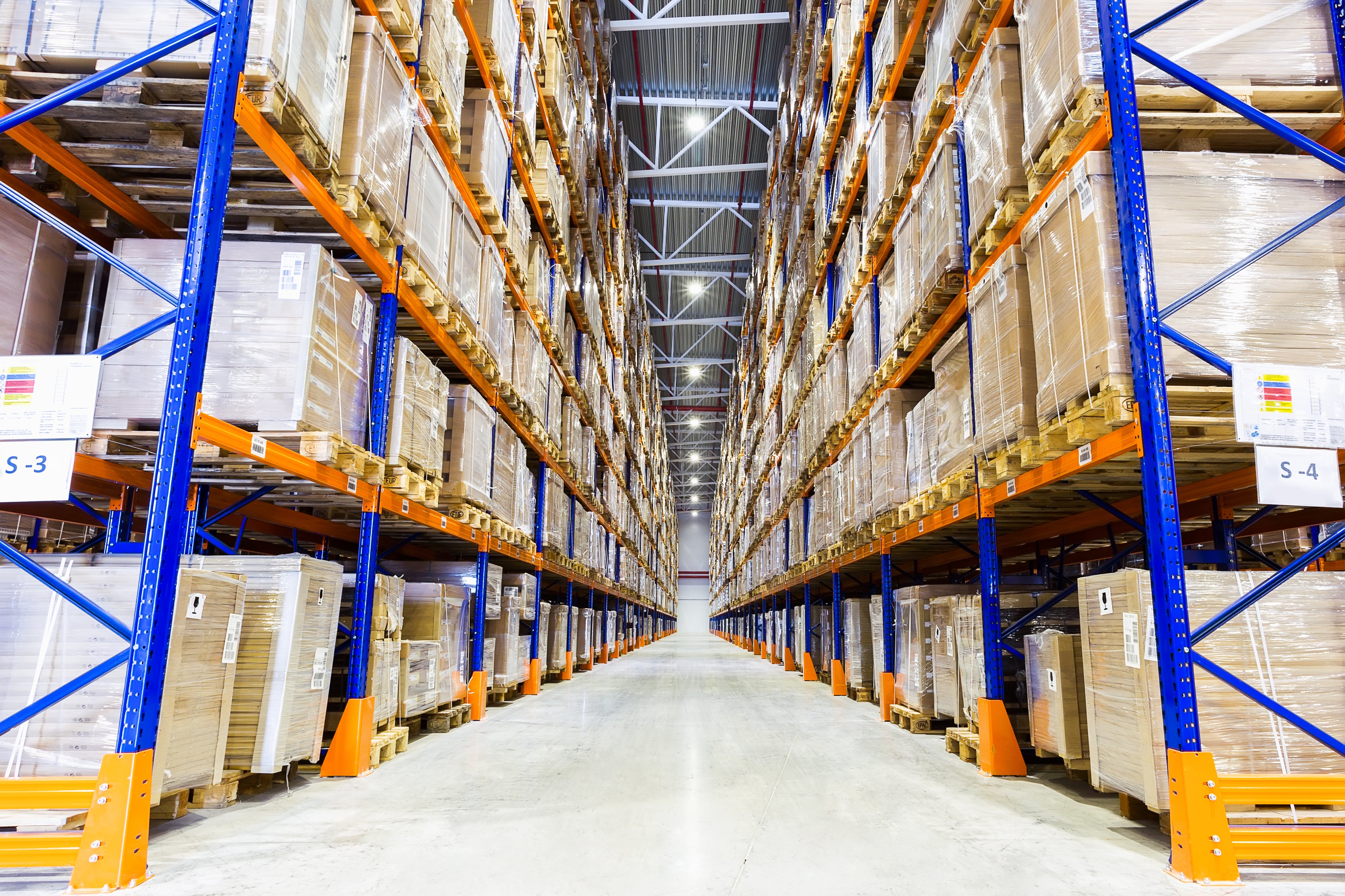 orange and blue tiered pallet racking