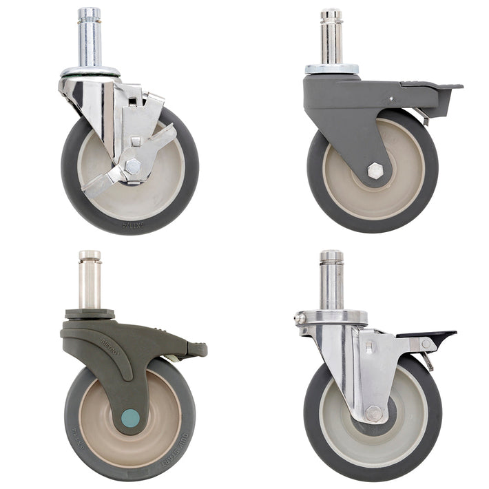 Metro 5-inch swivel stem casters with brake options for TableWorx mobile-ready stainless steel work tables, providing smooth mobility and secure locking.
