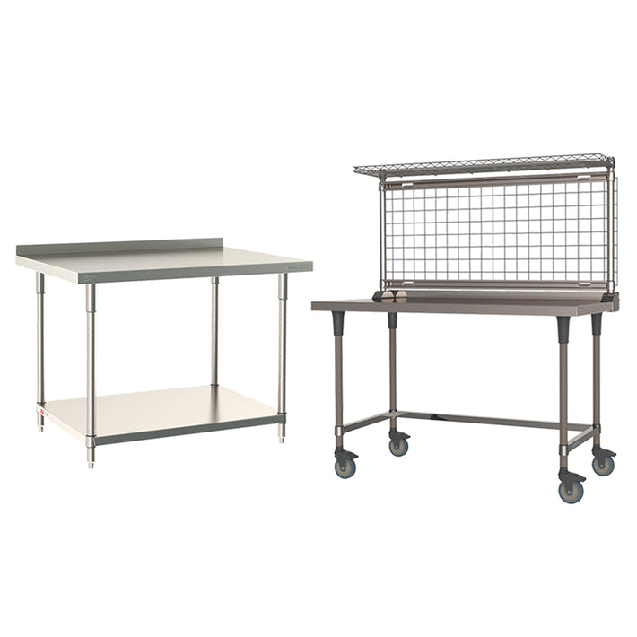 Metro TableWorx stainless steel work tables available in stationary and mobile-ready models for cleanrooms, kitchens, and labs.