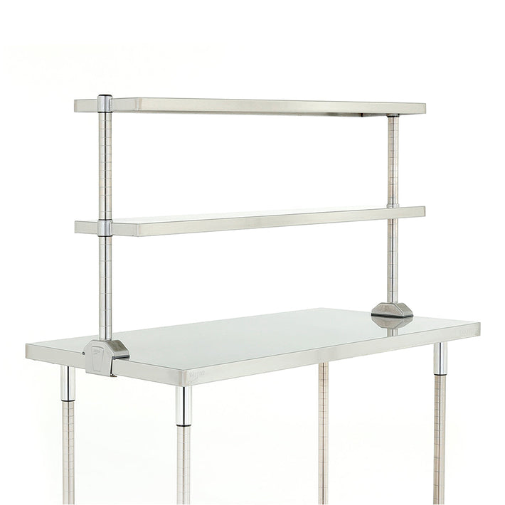 Metro TableWorx overhead riser mounted onto stainless steel work table for added storage space.