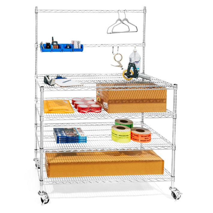 Metal shelving unit with various items on a white background