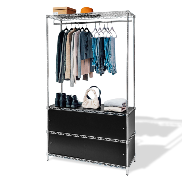 Chrome wire closet shelving organizer with hanging garment rack and 2 sliding drawers, adjustable wardrobe storage - SI Brand stocked in Michigan