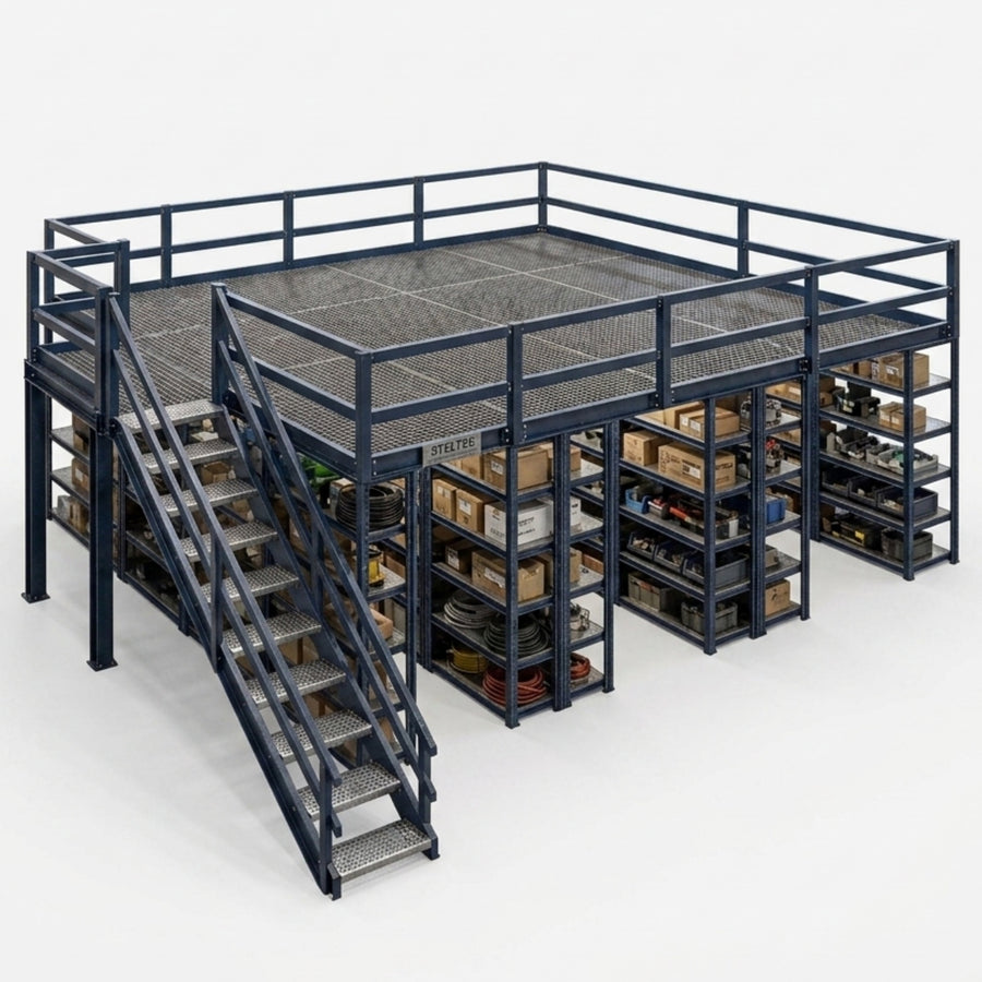 Mezzanine with storage racks beneath deck