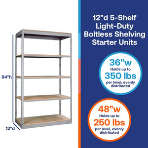 Lyon 12"d 5-Shelf Light-Duty Boltless Shelving Starter Units - Gray