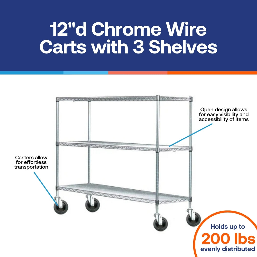 12"d Chrome Wire Carts w/ 3 Shelves