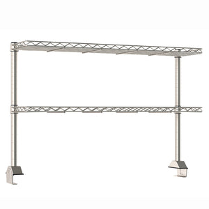 Metro TableWorx rear-mount stainless steel riser system featuring two adjustable cantilevered wire shelves with 1-inch high ledge and vertical mounting posts.
