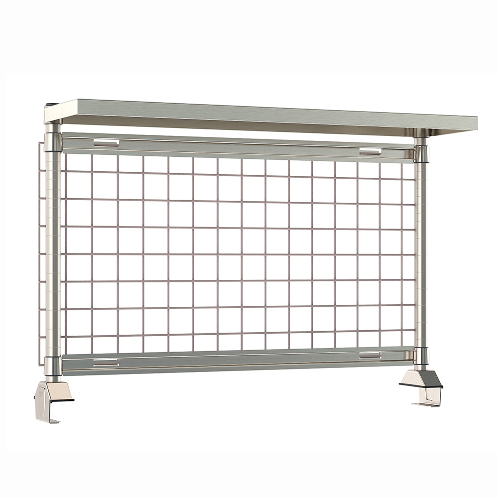 Metro TableWorx rear-mount riser system with gray epoxy-coated steel wire grid and stainless steel cantilevered solid shelf, grid hanging rails, and vertical mounting posts.