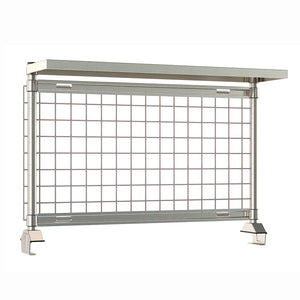 Metro TableWorx rear-mount riser system with gray epoxy-coated steel wire grid and stainless steel cantilevered solid shelf, grid hanging rails, and vertical mounting posts.