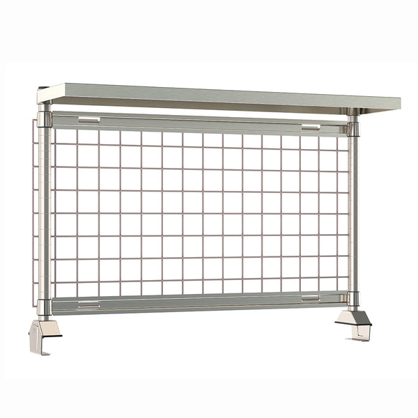 Metro TableWorx rear-mount riser system with gray epoxy-coated steel wire grid and stainless steel cantilevered solid shelf, grid hanging rails, and vertical mounting posts.