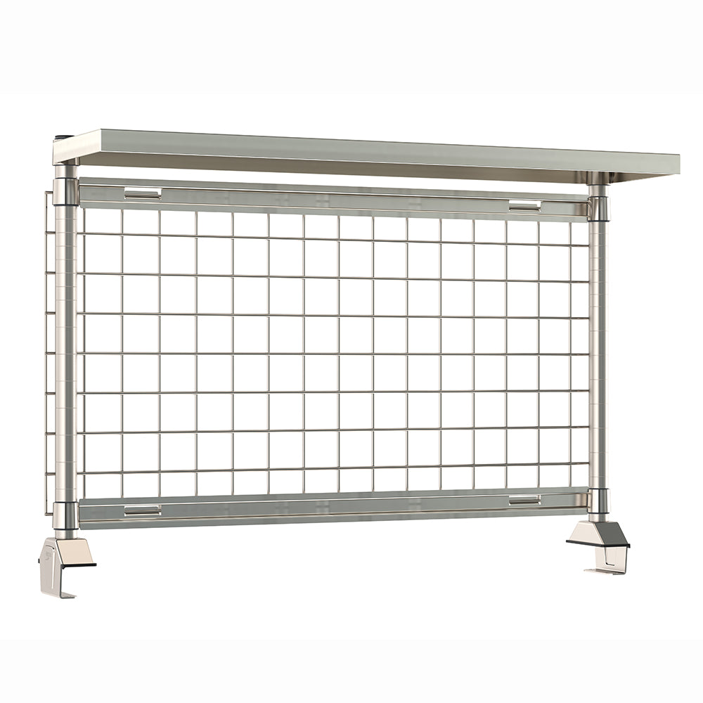 Metro TableWorx rear-mount stainless steel riser system with cantilevered solid shelf, wire grid, grid hanging rails, and vertical mounting posts.
