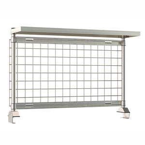 Metro TableWorx rear-mount stainless steel riser system with cantilevered solid shelf, wire grid, grid hanging rails, and vertical mounting posts.
