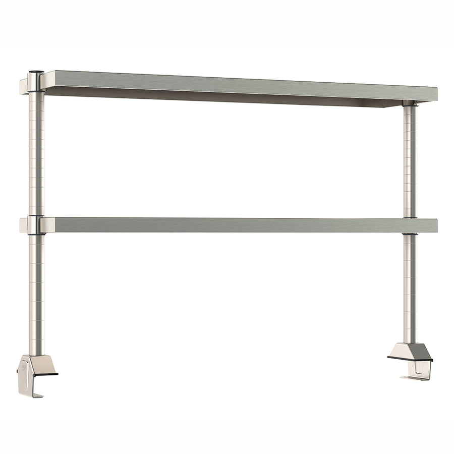 Metro TableWorx center-mount stainless steel riser system with two adjustable cantilevered solid shelves and vertical mounting posts.