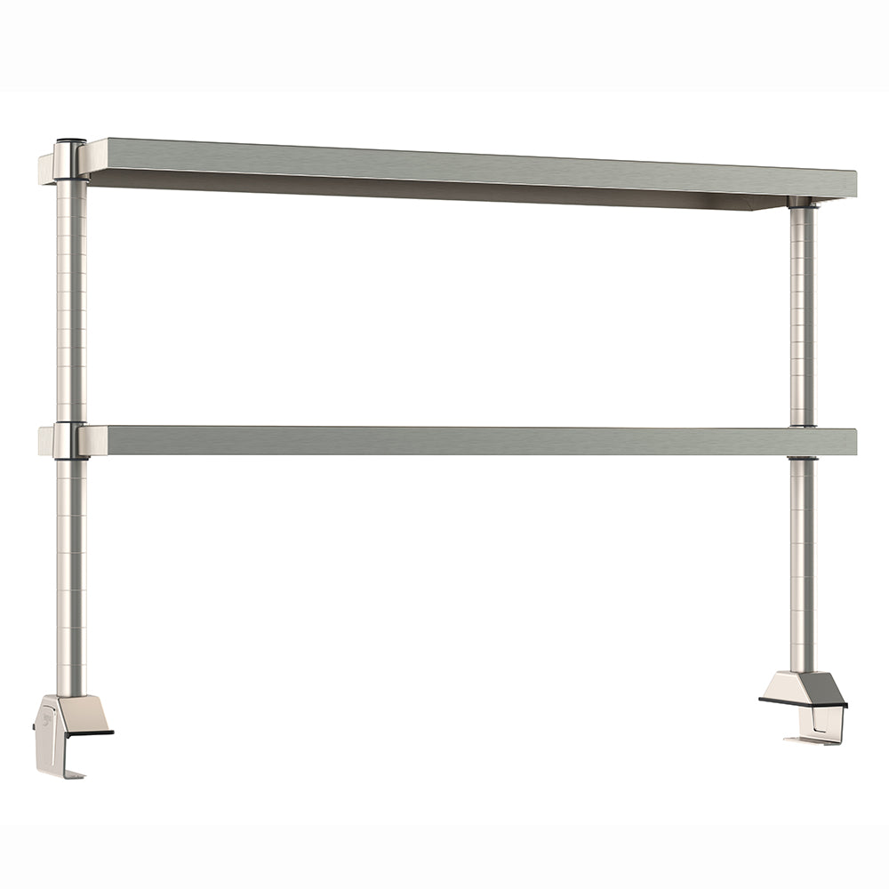 Metro TableWorx center-mount stainless steel riser system with two adjustable cantilevered solid shelves and vertical mounting posts.
